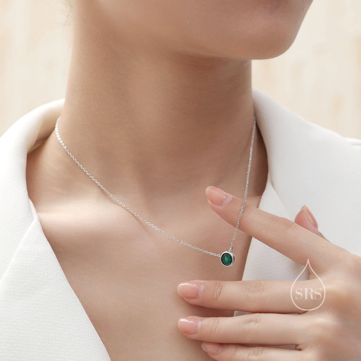 Emerald Green CZ Bezel Pendant Necklace in Sterling Silver, 6mm Emerald Green Zircon Necklace, Green Necklace