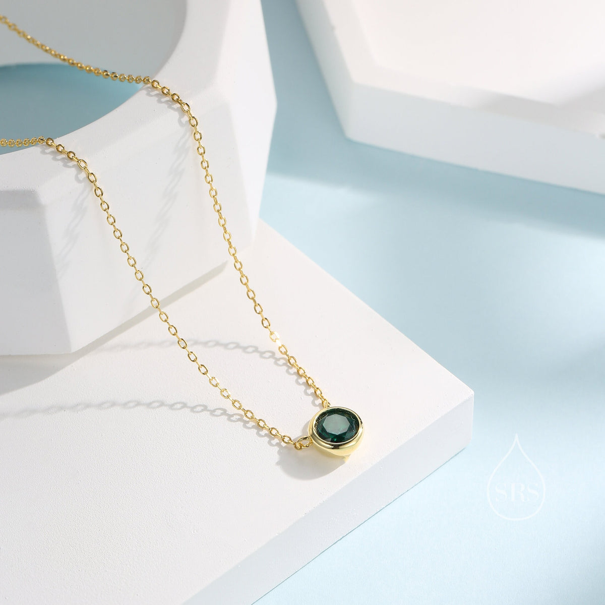 Emerald Green CZ Bezel Pendant Necklace in Sterling Silver, 6mm Emerald Green Zircon Necklace, Green Necklace