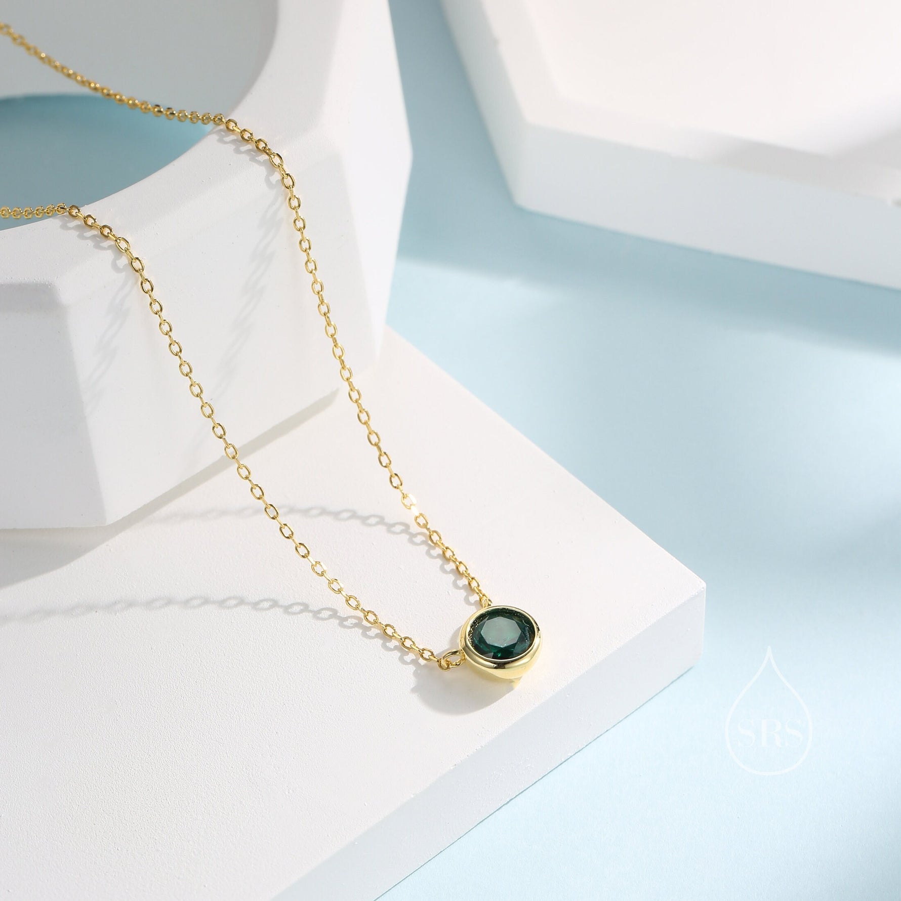 Emerald Green CZ Bezel Pendant Necklace in Sterling Silver, 6mm Emerald Green Zircon Necklace, Green Necklace