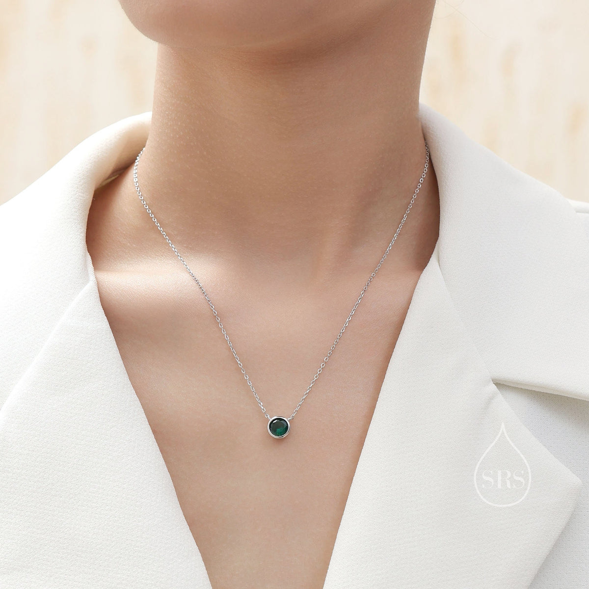 Emerald Green CZ Bezel Pendant Necklace in Sterling Silver, 6mm Emerald Green Zircon Necklace, Green Necklace