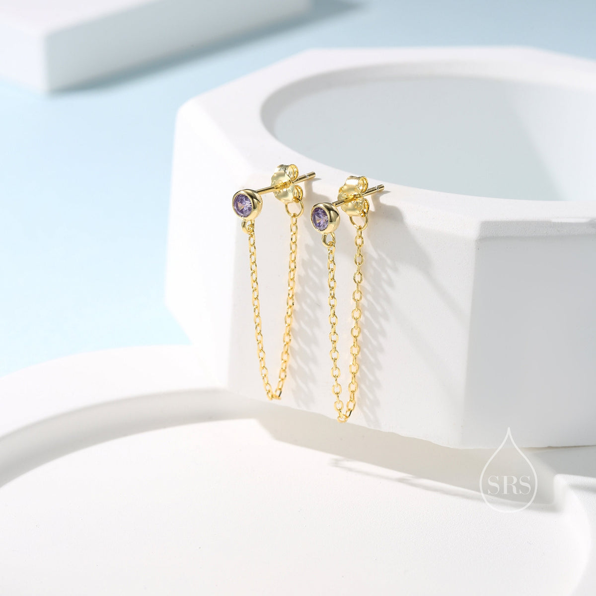 Purple CZ Chain Ear Jacket in Sterling Silver, Silver or Gold, Front and Back Earrings, Two Part Earrings, CZ with Linking Chain Earrings