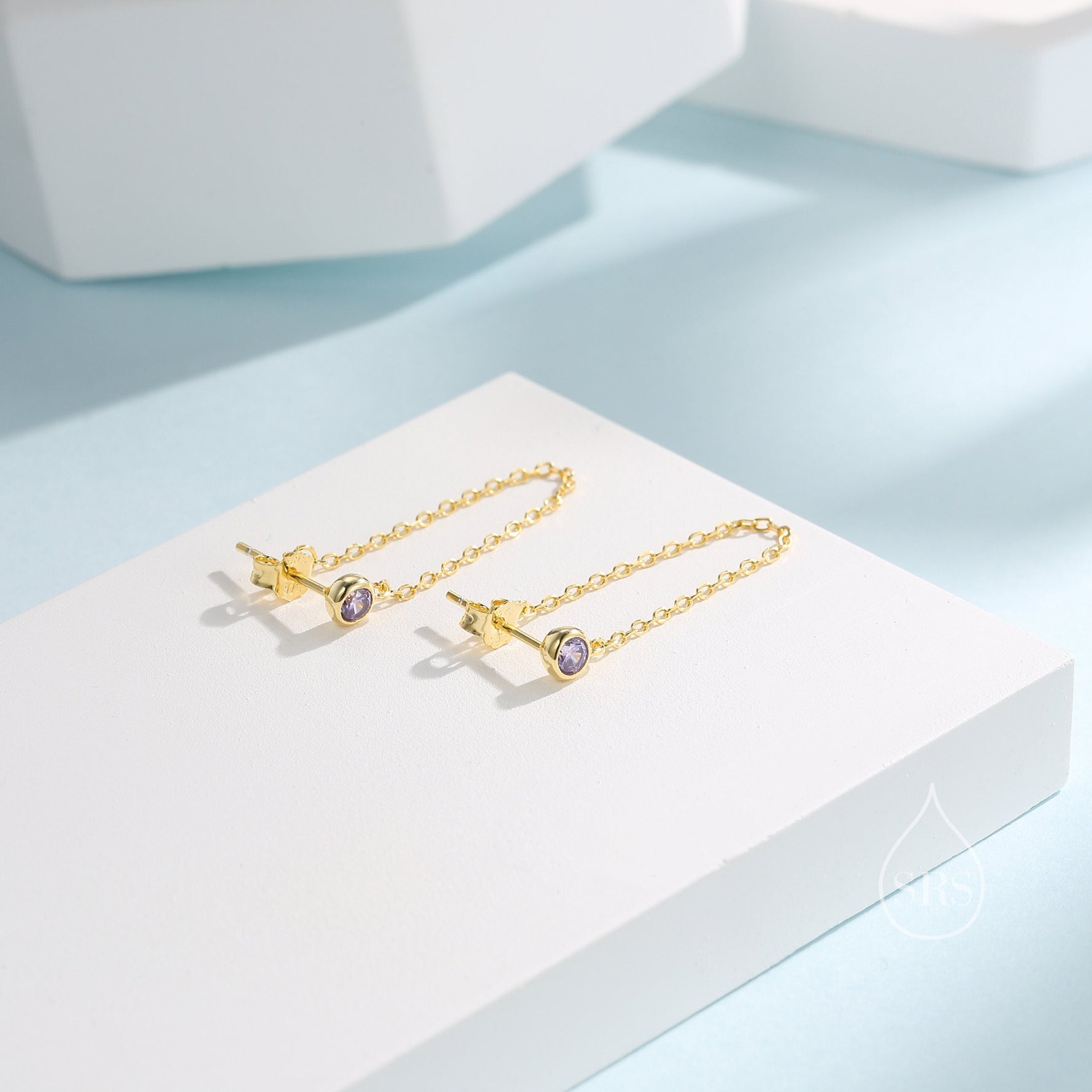 Purple CZ Chain Ear Jacket in Sterling Silver, Silver or Gold, Front and Back Earrings, Two Part Earrings, CZ with Linking Chain Earrings
