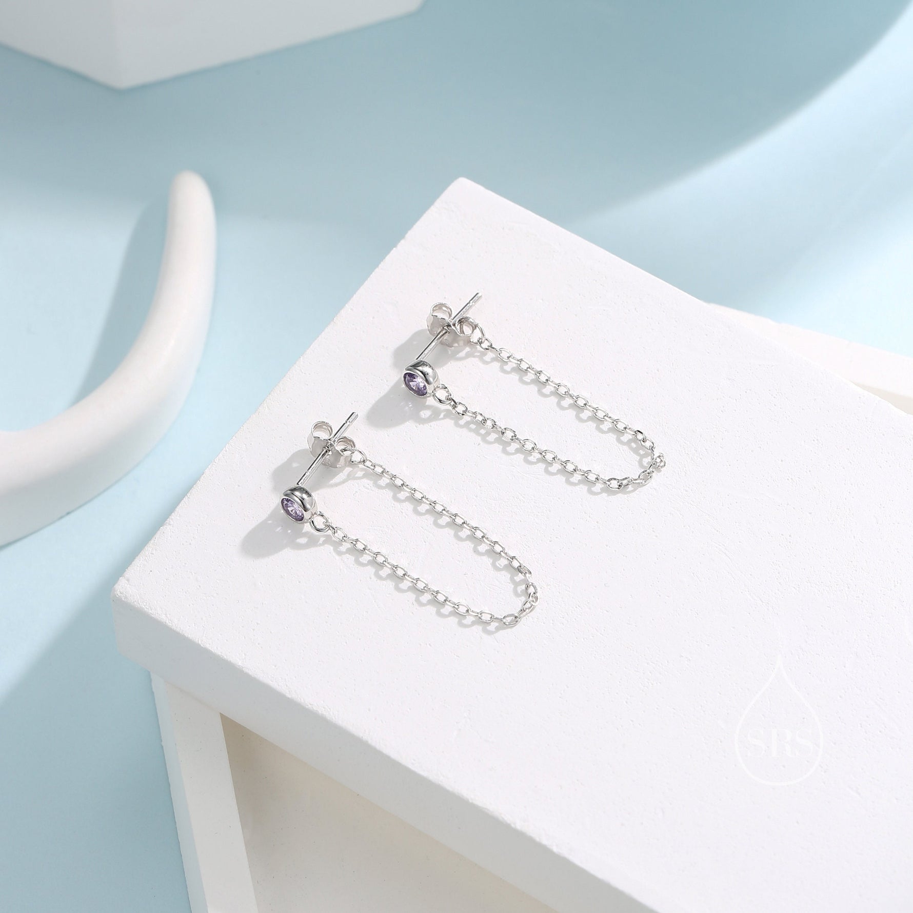 Purple CZ Chain Ear Jacket in Sterling Silver, Silver or Gold, Front and Back Earrings, Two Part Earrings, CZ with Linking Chain Earrings