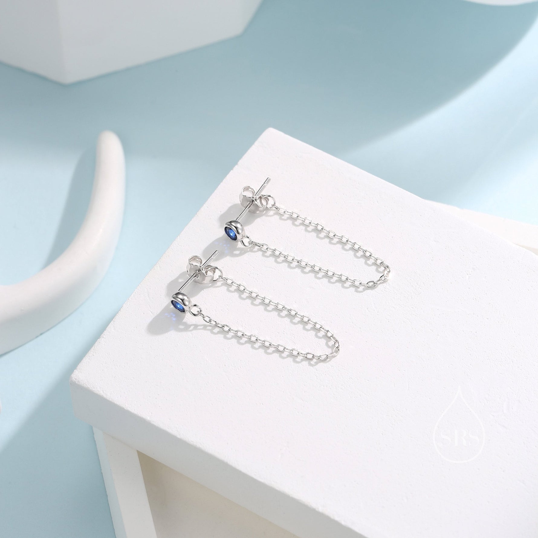Sapphire Blue CZ Chain Ear Jacket in Sterling Silver, Silver or Gold, Front and Back Earrings, Two Part Earrings, Linking Chain Earrings