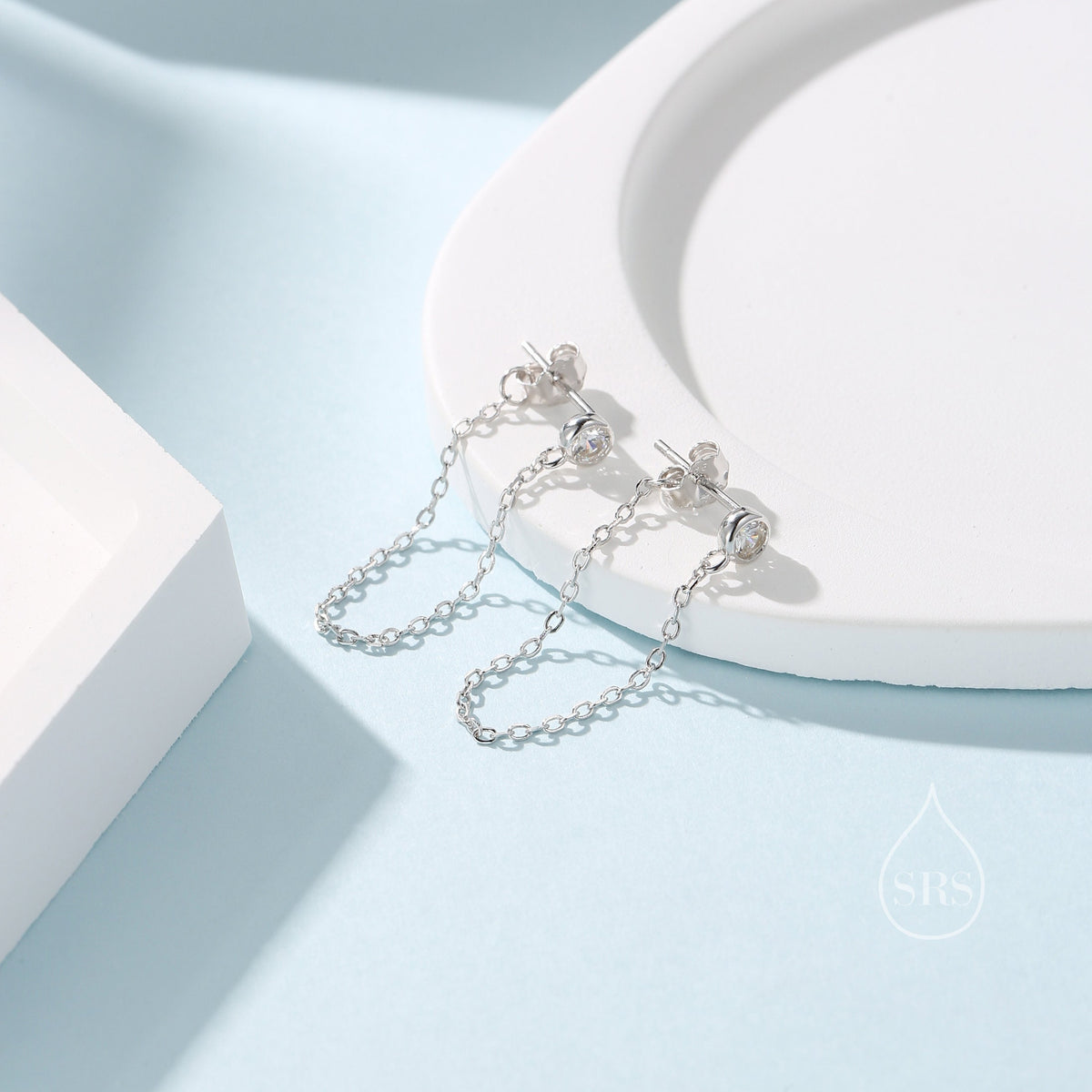 Clear CZ Chain Ear Jacket in Sterling Silver, Silver or Gold, Front and Back Earrings, Two Part Earrings, Linking Chain Earrings