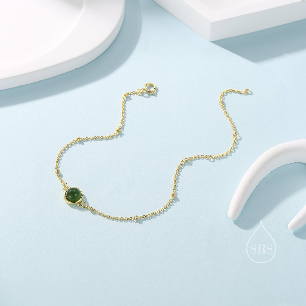 Green Jade Gemstone Bracelet with Satellite Chain