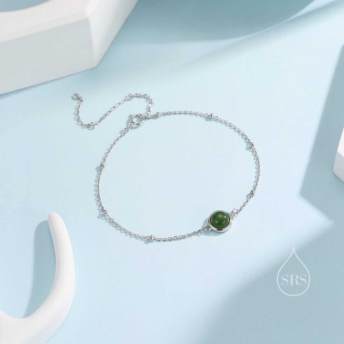 Green Jade Gemstone Bracelet with Satellite Chain