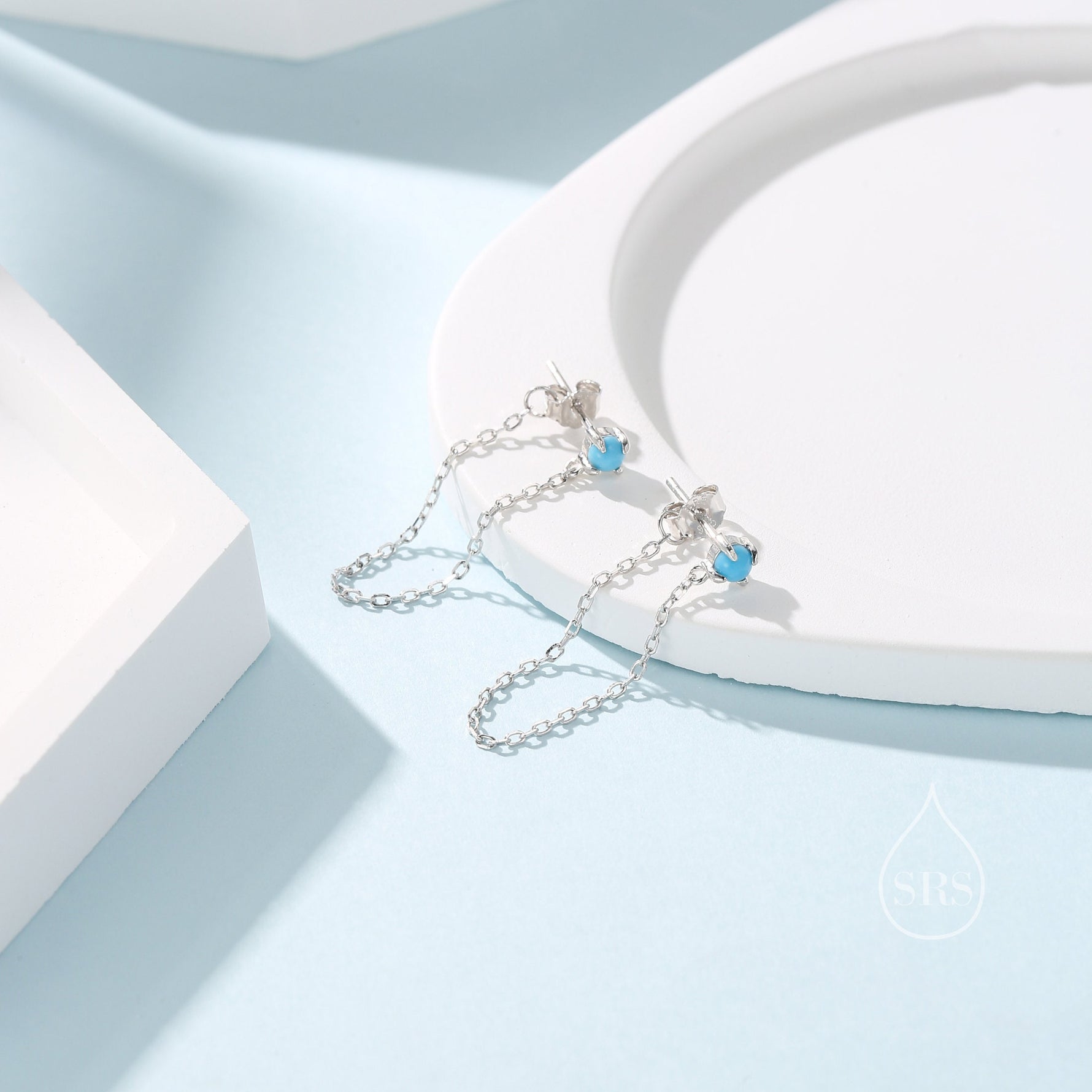 Natural Turquoise and Chain Ear Jacket in Sterling Silver, Silver or Gold, Turquoise Prong Earrings, Front and Back Earrings