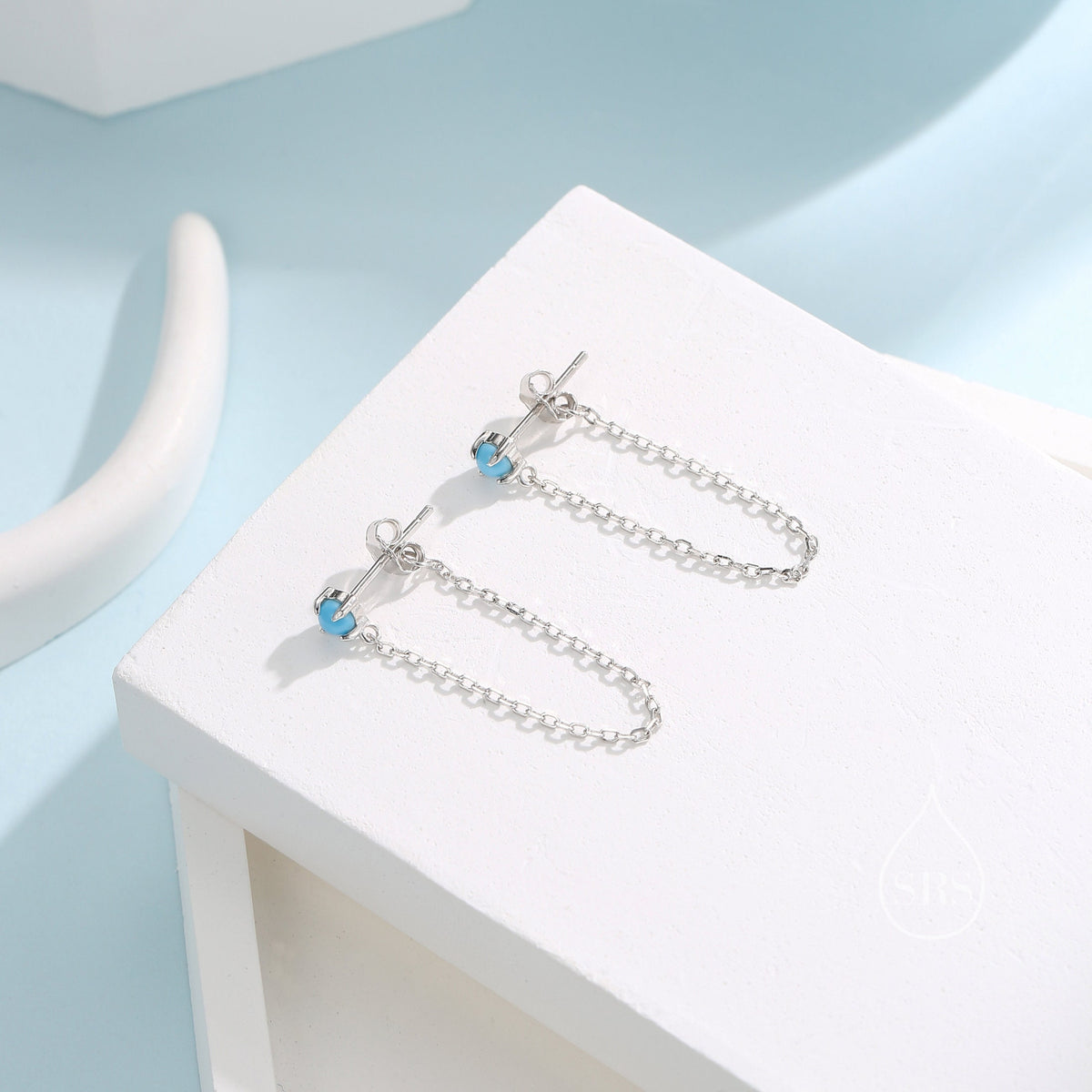Natural Turquoise and Chain Ear Jacket in Sterling Silver, Silver or Gold, Turquoise Prong Earrings, Front and Back Earrings