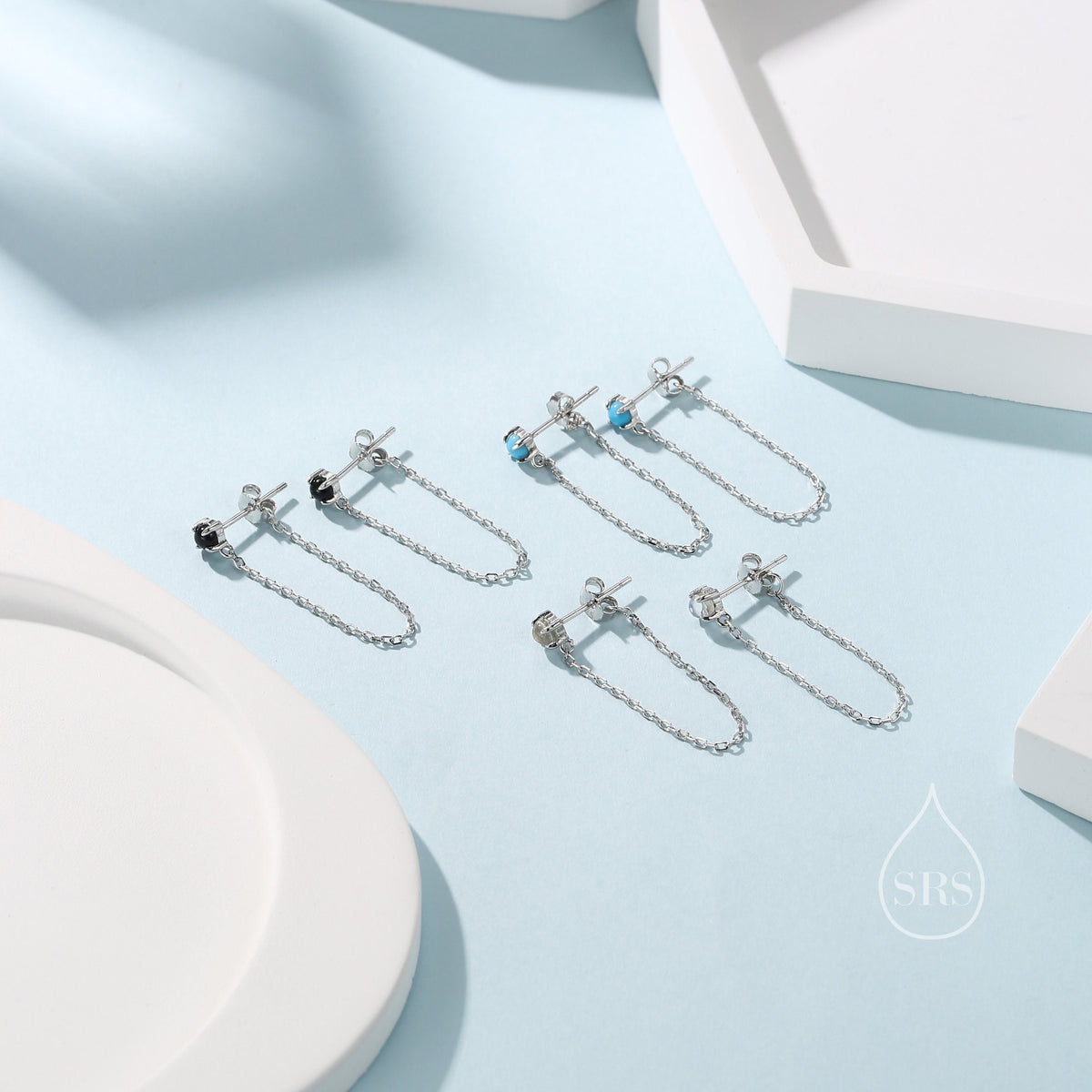 Moonstone and Chain Ear Jacket in Sterling Silver, Silver or Gold, Lab Moonstone Prong Earrings, Front and Back Earrings