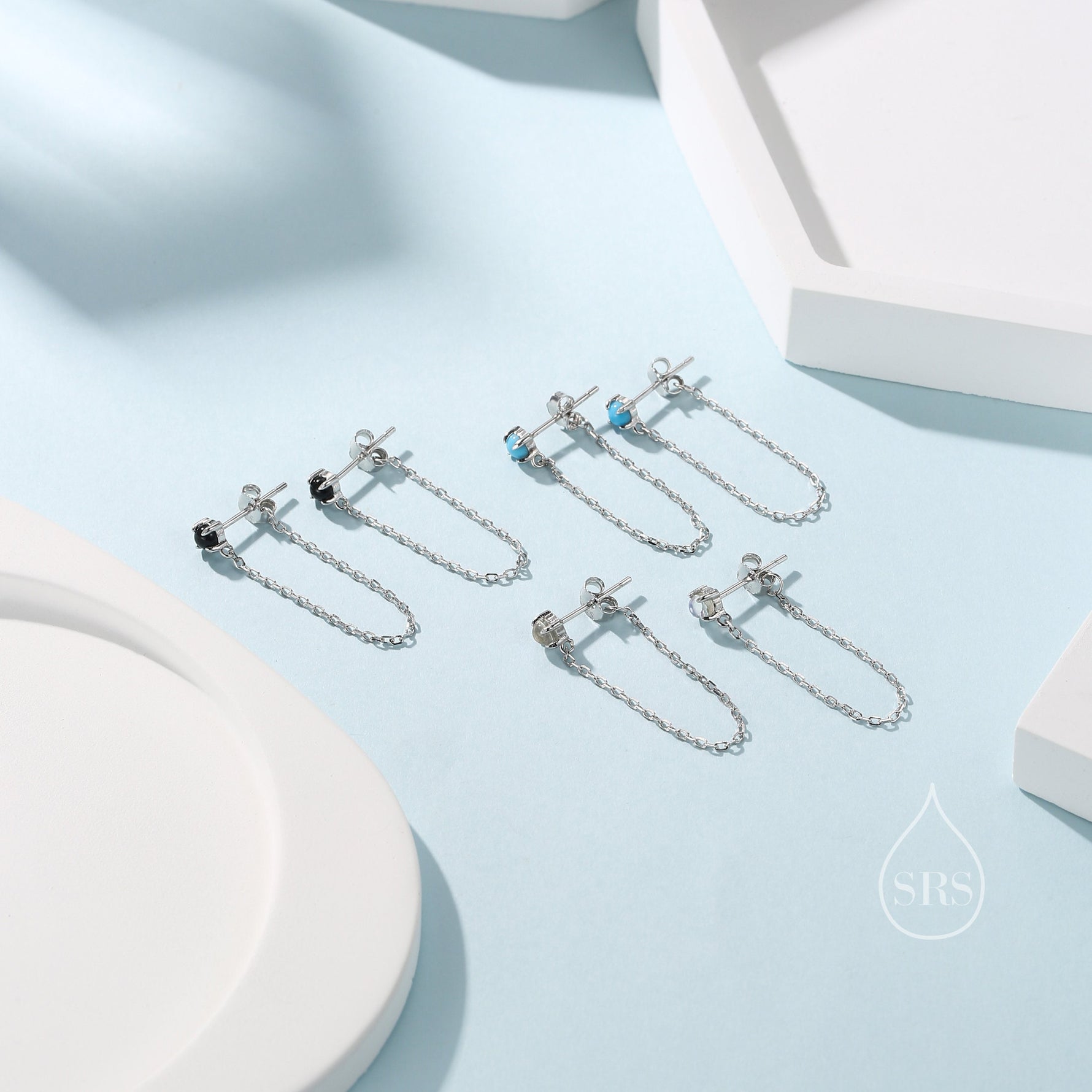 Natural Turquoise and Chain Ear Jacket in Sterling Silver, Silver or Gold, Turquoise Prong Earrings, Front and Back Earrings