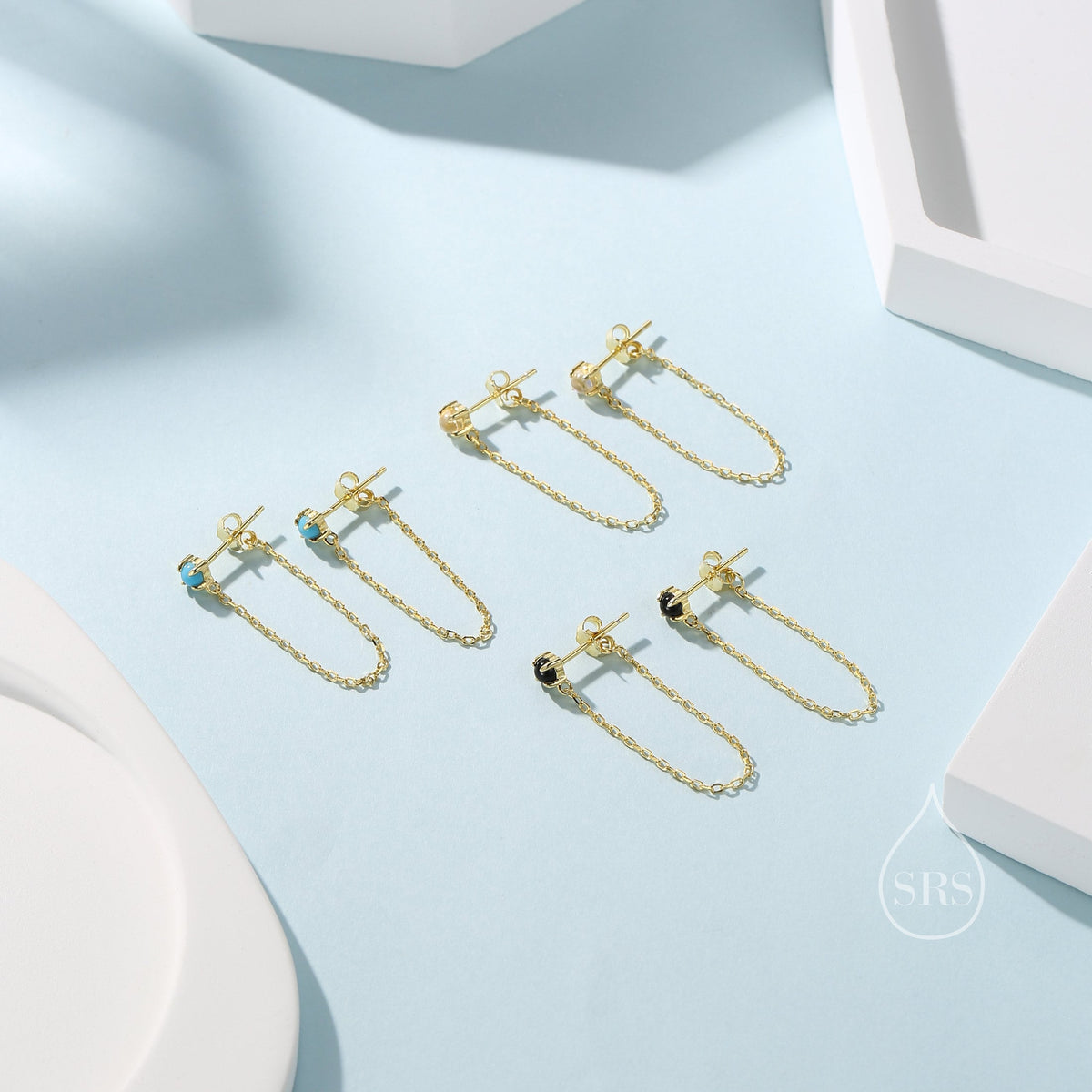 Moonstone and Chain Ear Jacket in Sterling Silver, Silver or Gold, Lab Moonstone Prong Earrings, Front and Back Earrings