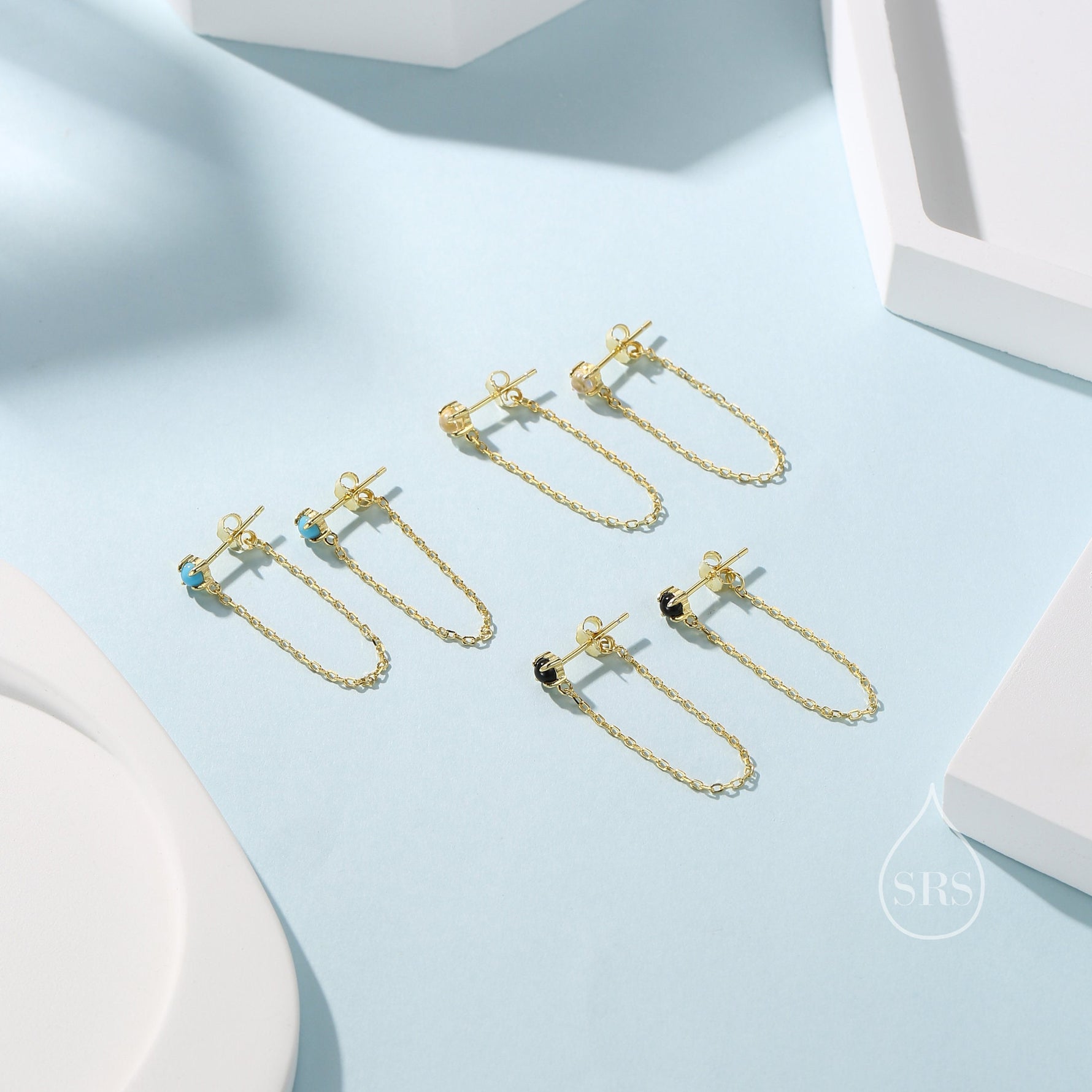 Natural Turquoise and Chain Ear Jacket in Sterling Silver, Silver or Gold, Turquoise Prong Earrings, Front and Back Earrings