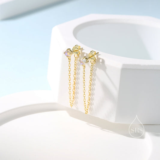 Moonstone and Chain Ear Jacket in Sterling Silver, Silver or Gold, Lab Moonstone Prong Earrings, Front and Back Earrings