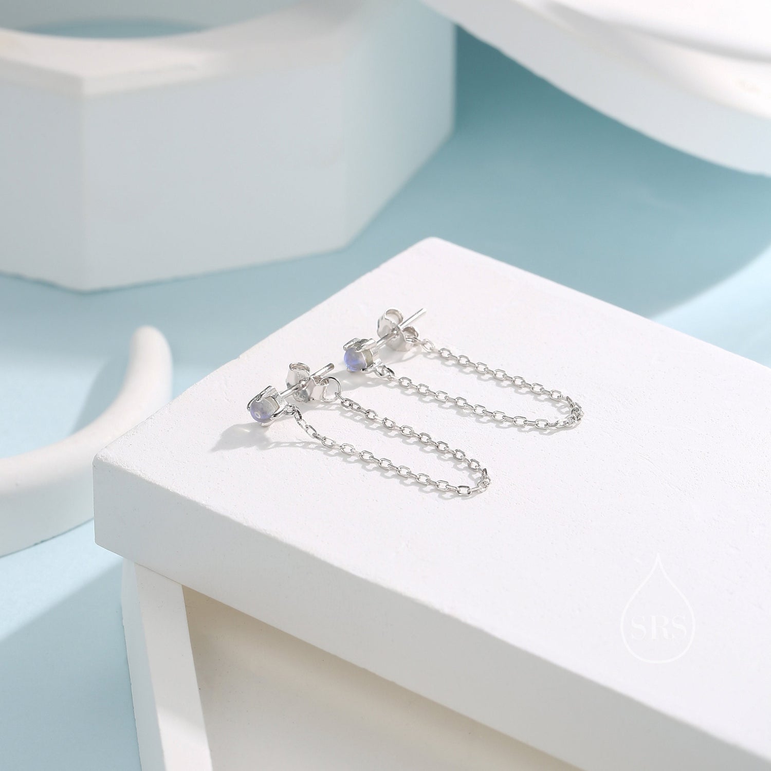Moonstone and Chain Ear Jacket in Sterling Silver, Silver or Gold, Lab Moonstone Prong Earrings, Front and Back Earrings