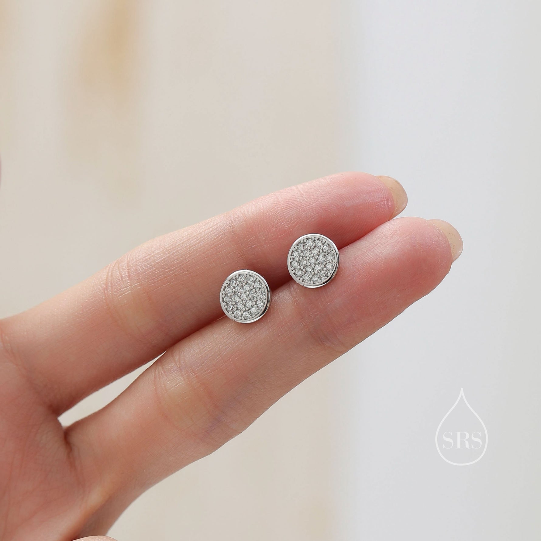 CZ Round Disk Stud Earrings in Sterling Silver, CZ Coin Earrings, 8mm Circle Stud, CZ Pave Coin Earrings, Silver or Gold
