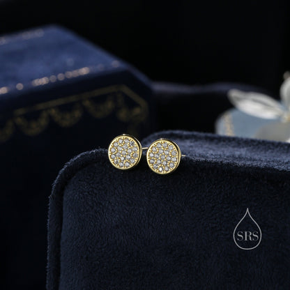 CZ Round Disk Stud Earrings in Sterling Silver,  CZ Coin Earrings,  8mm Circle Stud, CZ Pave Coin Earrings, Silver or Gold