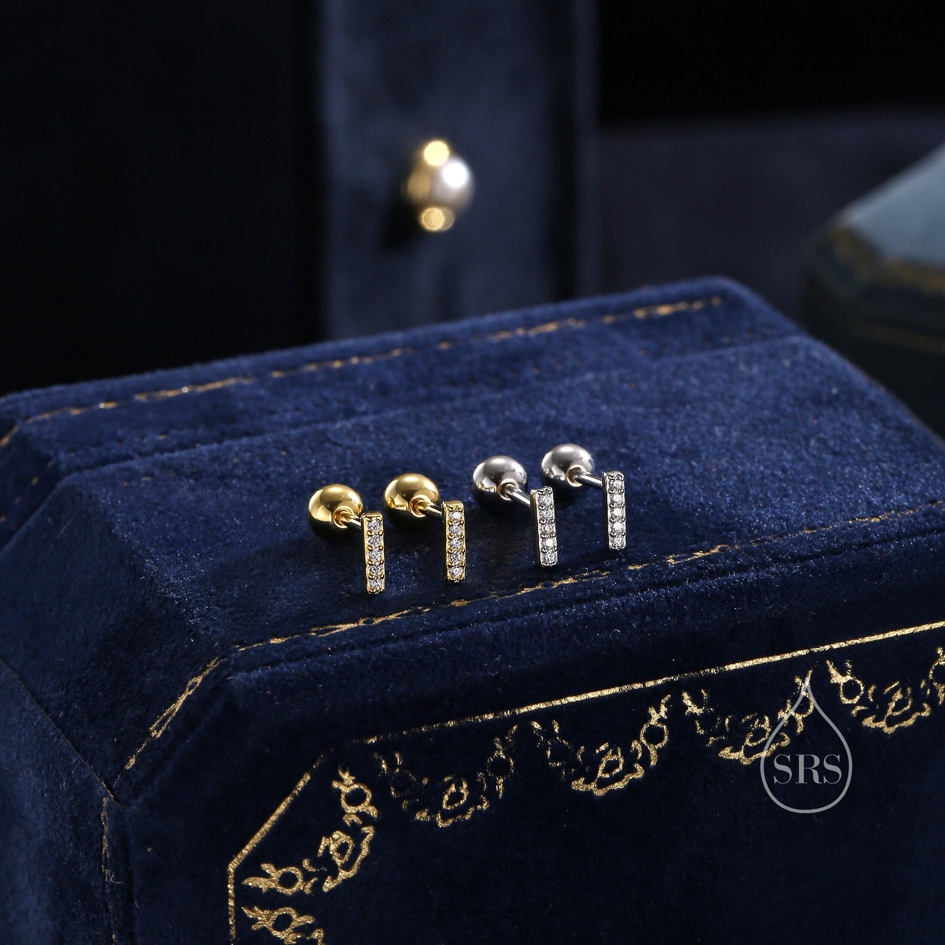 Tiny CZ Bar Screw Back Earrings in Sterling Silver, Silver or Gold, Stacking Earrings, Barbell Earrings, Helix Earrings