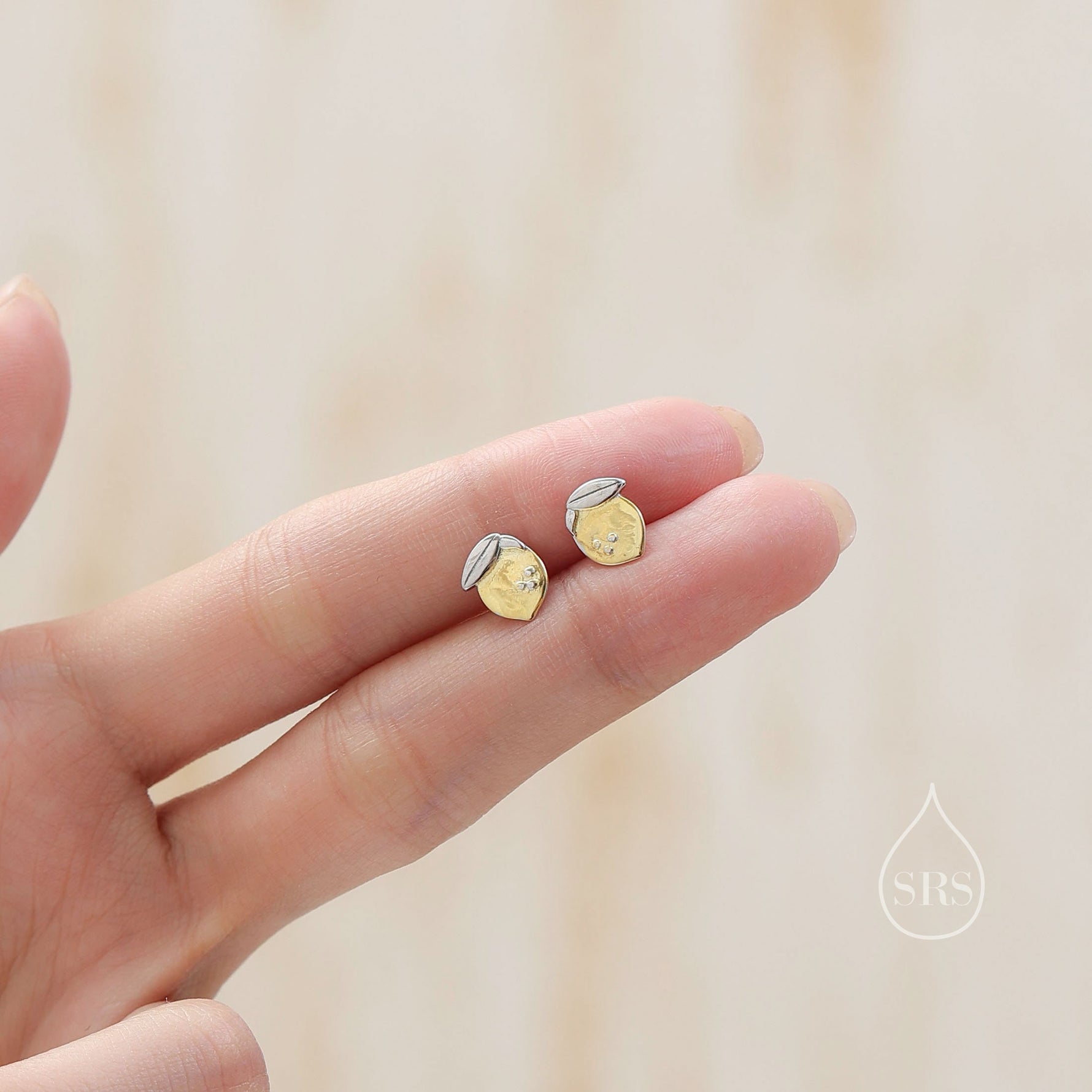 Lemon Stud Earrings in Sterling Silver, Silver and 14ct Yellow Gold Two Tone Earrings, Fruit Earrings, Summer Earrings