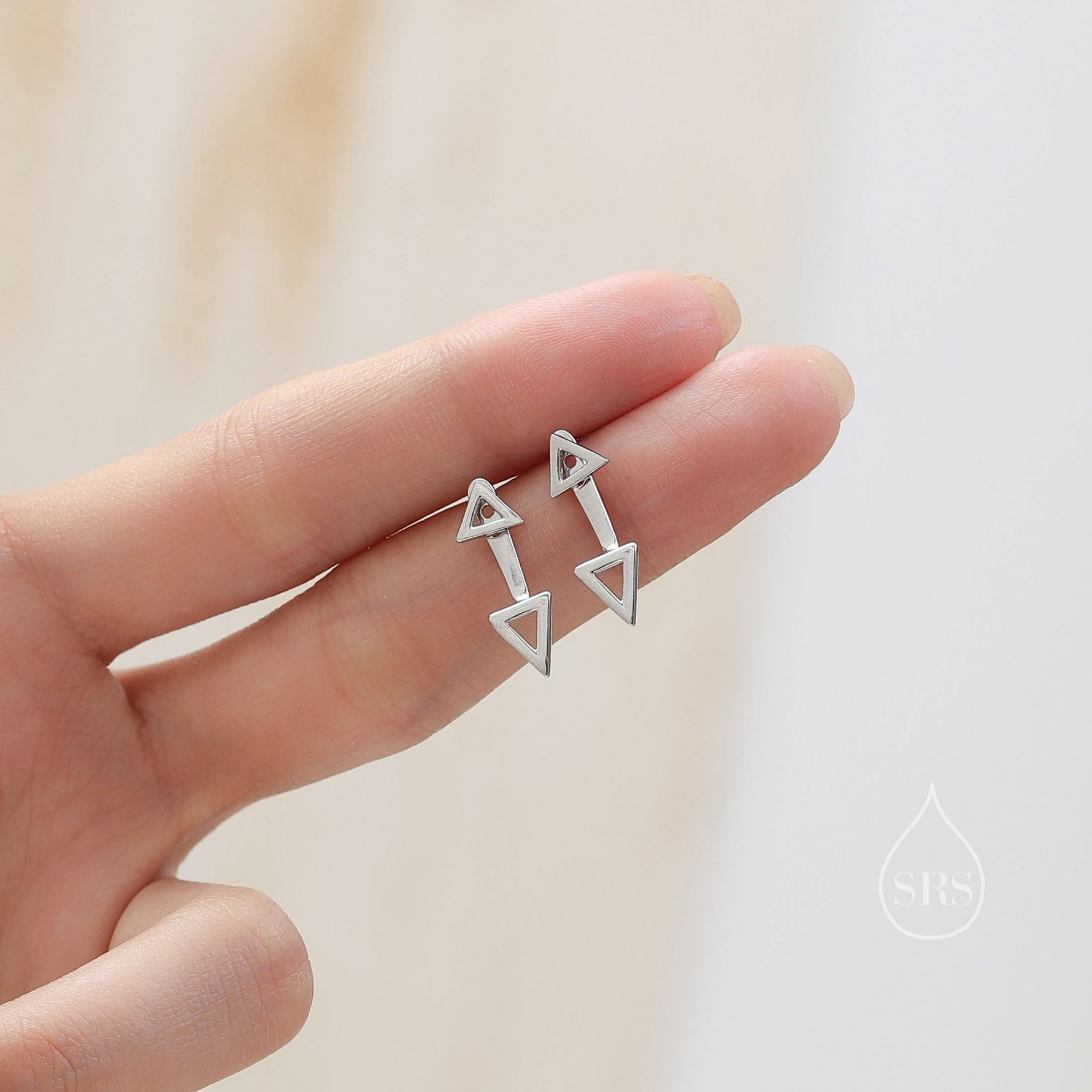 Double Triangle Ear Jacket in Sterling Silver, Silver or Gold or Rose Gold, Cut Out Triangle Jacket Earrings, Front and Back Earrings