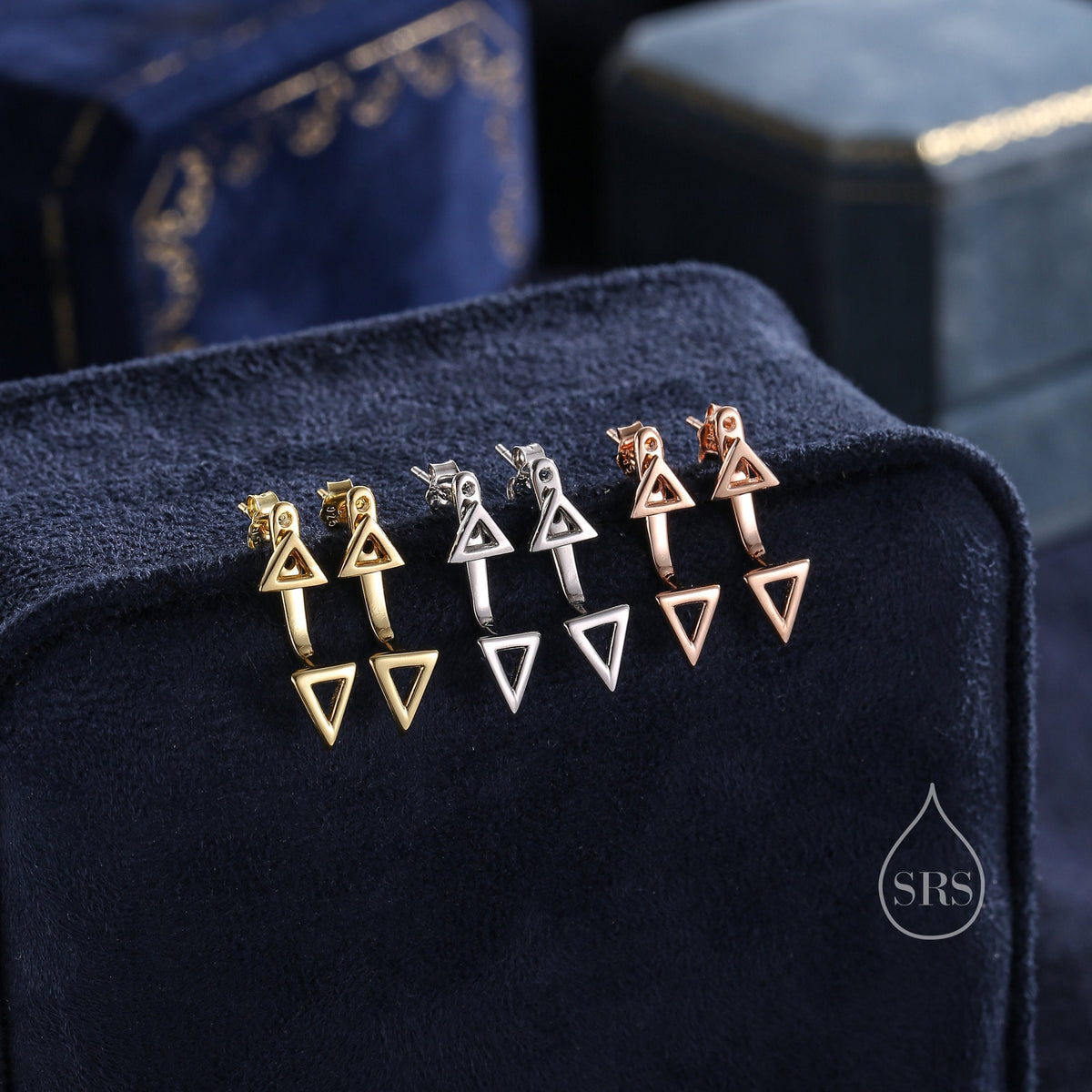 Double Triangle Ear Jacket in Sterling Silver, Silver or Gold or Rose Gold, Cut Out Triangle Jacket Earrings, Front and Back Earrings
