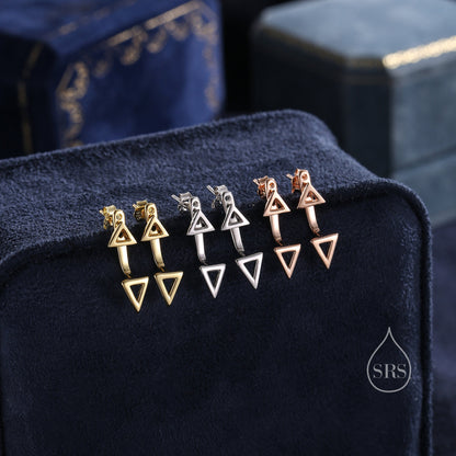 Double Triangle Ear Jacket in Sterling Silver,  Silver or Gold or Rose Gold, Cut Out Triangle Jacket Earrings, Front and Back Earrings