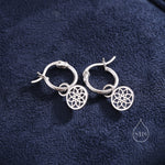 Mandala Flower Disk Dangle Huggie Hoop in Sterling Silver