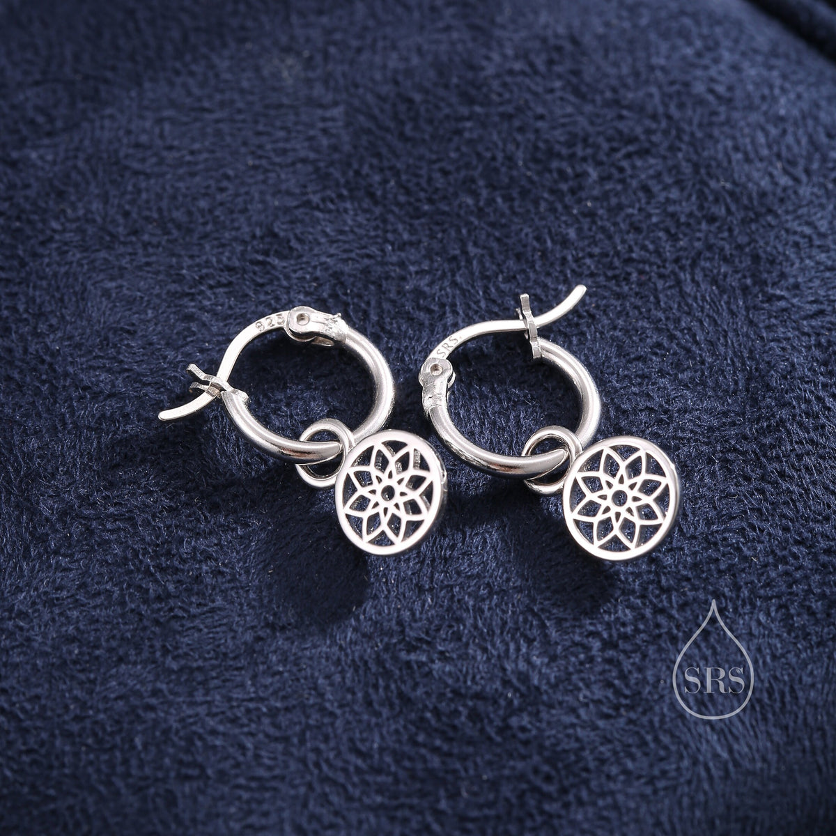 Mandala Flower Disk Dangle Huggie Hoop in Sterling Silver