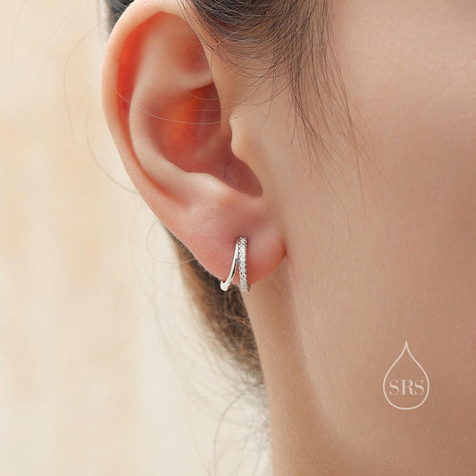 Double Hoop Effect Earrings in Sterling Silver, CZ Pave Hoop Earrings, Silver, Gold, Rose Gold, Dainty and Delicate