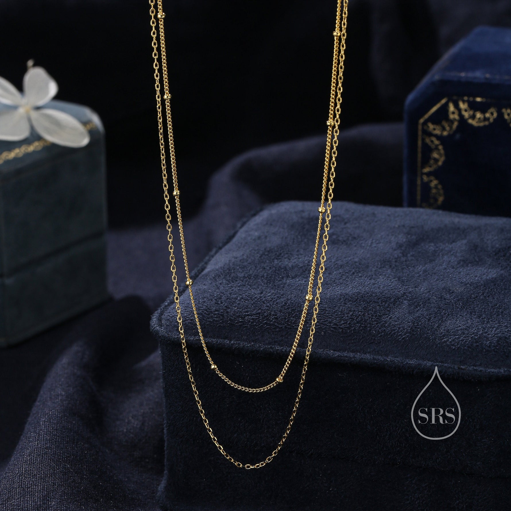 Double Layer Necklace in Sterling Silver with Satellite Chain, Silver or Gold or Rose Gold, Chain Necklace