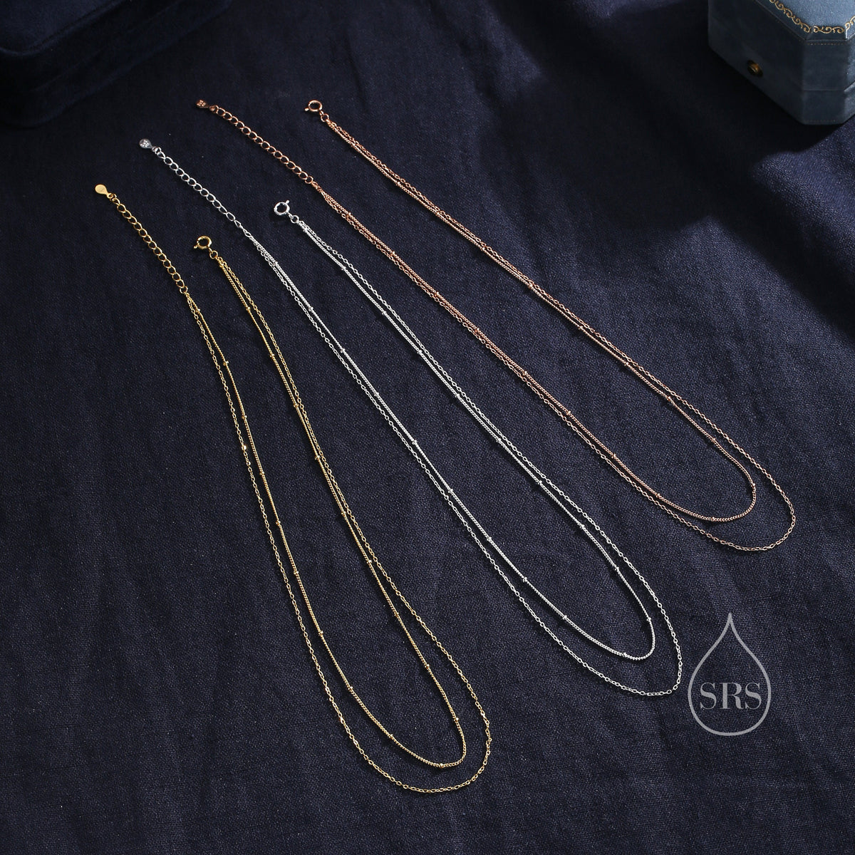 Double Layer Necklace in Sterling Silver with Satellite Chain, Silver or Gold or Rose Gold, Chain Necklace