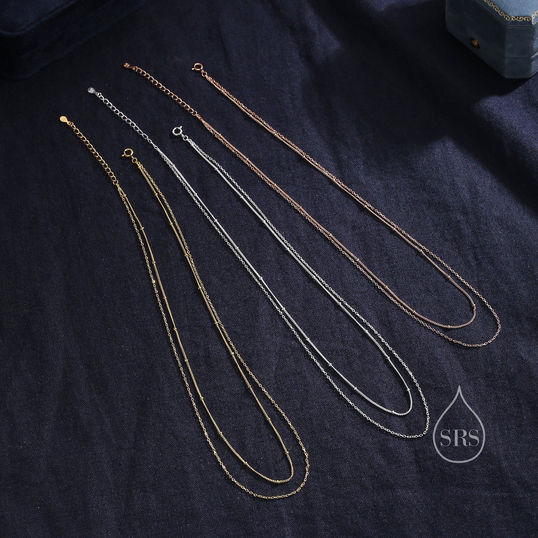 Double Layer Necklace in Sterling Silver with Satellite Chain, Silver or Gold or Rose Gold, Chain Necklace