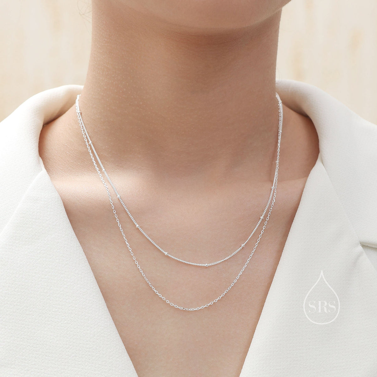 Double Layer Necklace in Sterling Silver with Satellite Chain, Silver or Gold or Rose Gold, Chain Necklace