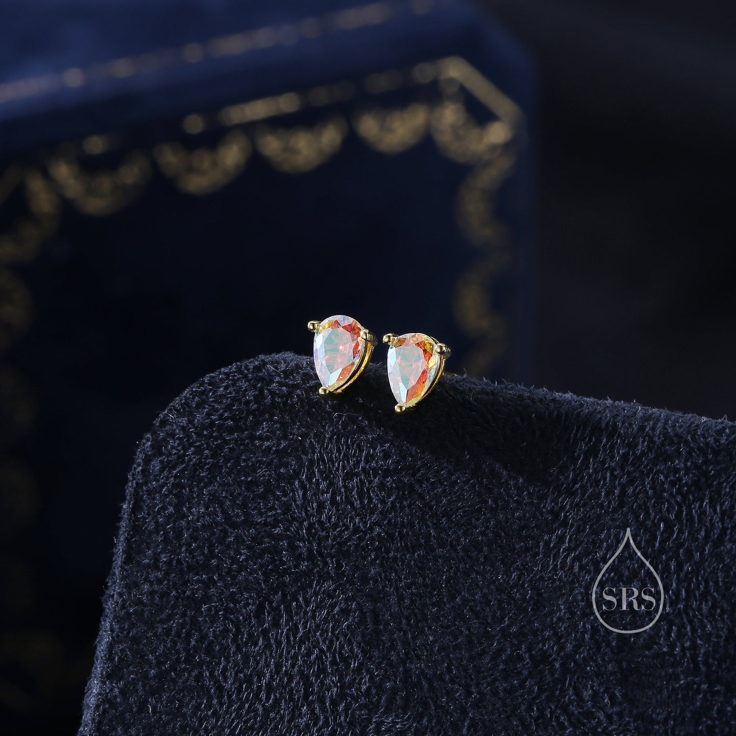 Sterling Silver Aurora AB CZ Droplet Stud Earrings,  Pear Cut Aurora Colour Changing CZ Earrings