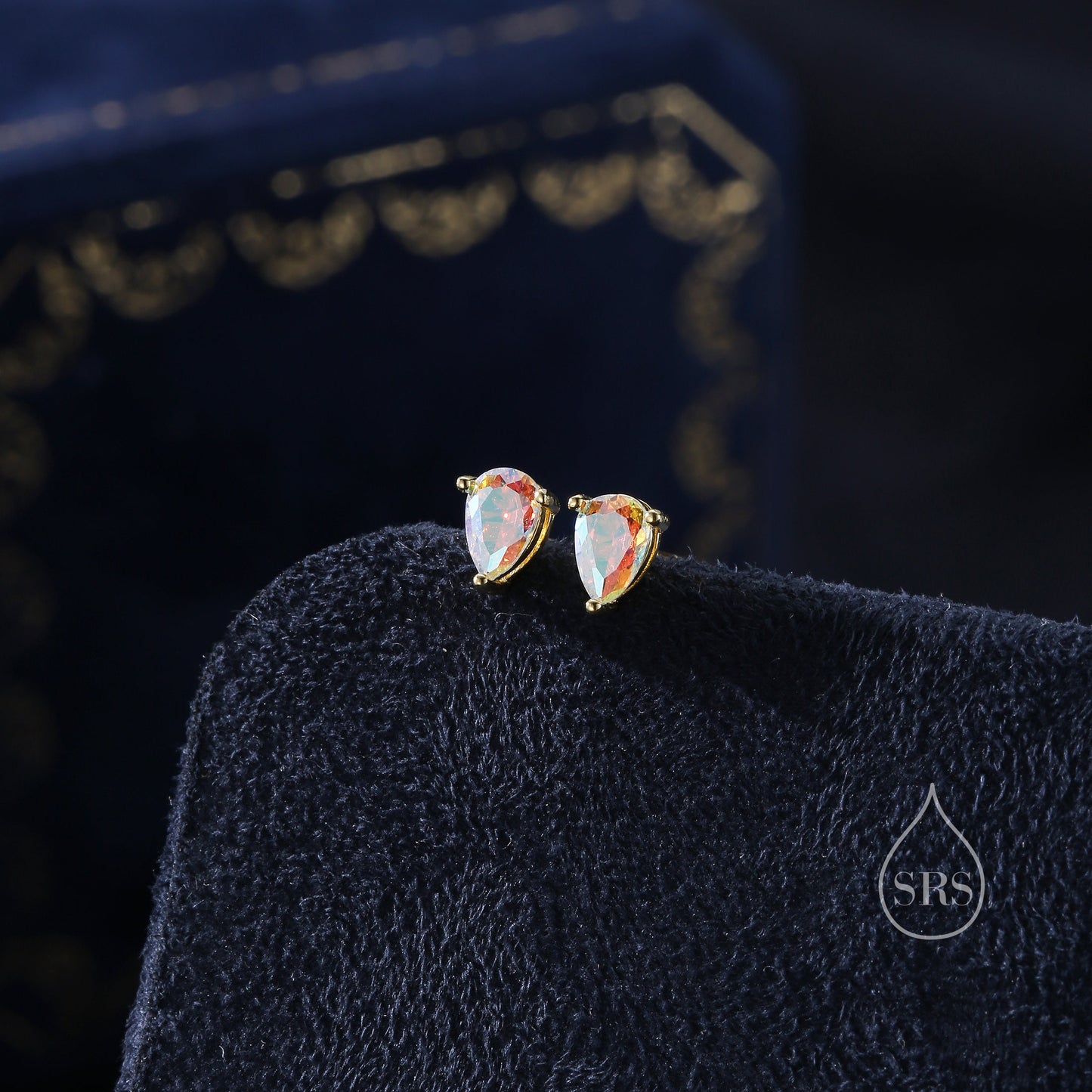 Sterling Silver Aurora AB CZ Droplet Stud Earrings, Pear Cut Aurora Colour Changing CZ Earrings