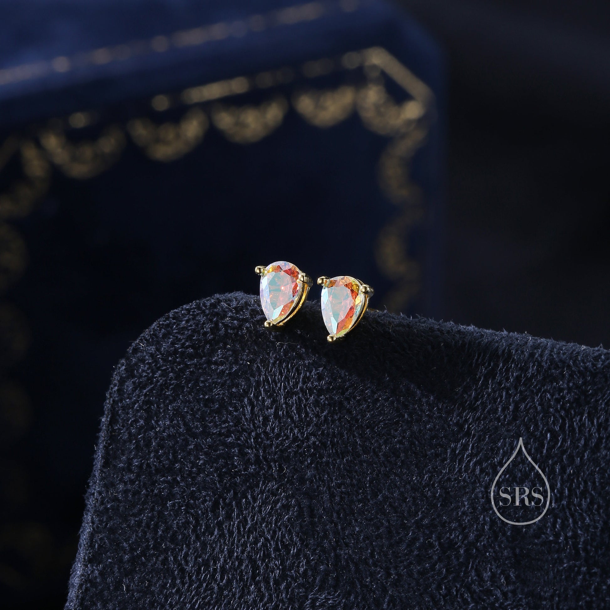 Sterling Silver Aurora AB CZ Droplet Stud Earrings, Pear Cut Aurora Colour Changing CZ Earrings