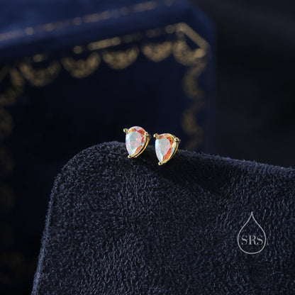 Sterling Silver Aurora AB CZ Droplet Stud Earrings, Pear Cut Aurora Colour Changing CZ Earrings