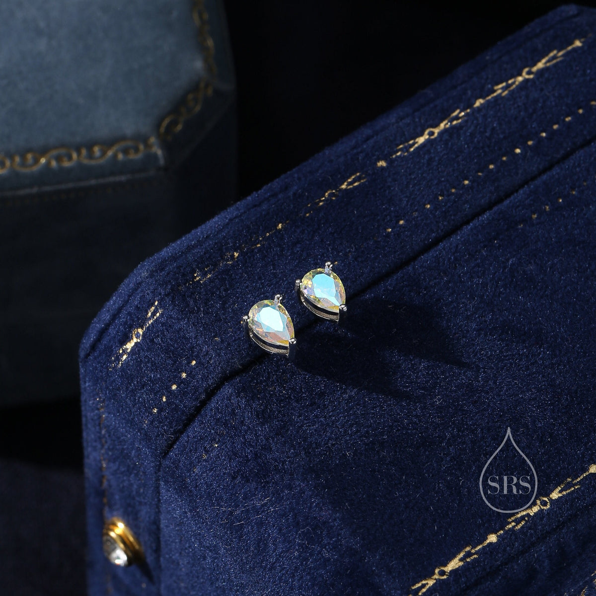 Sterling Silver Aurora AB CZ Droplet Stud Earrings, Pear Cut Aurora Colour Changing CZ Earrings