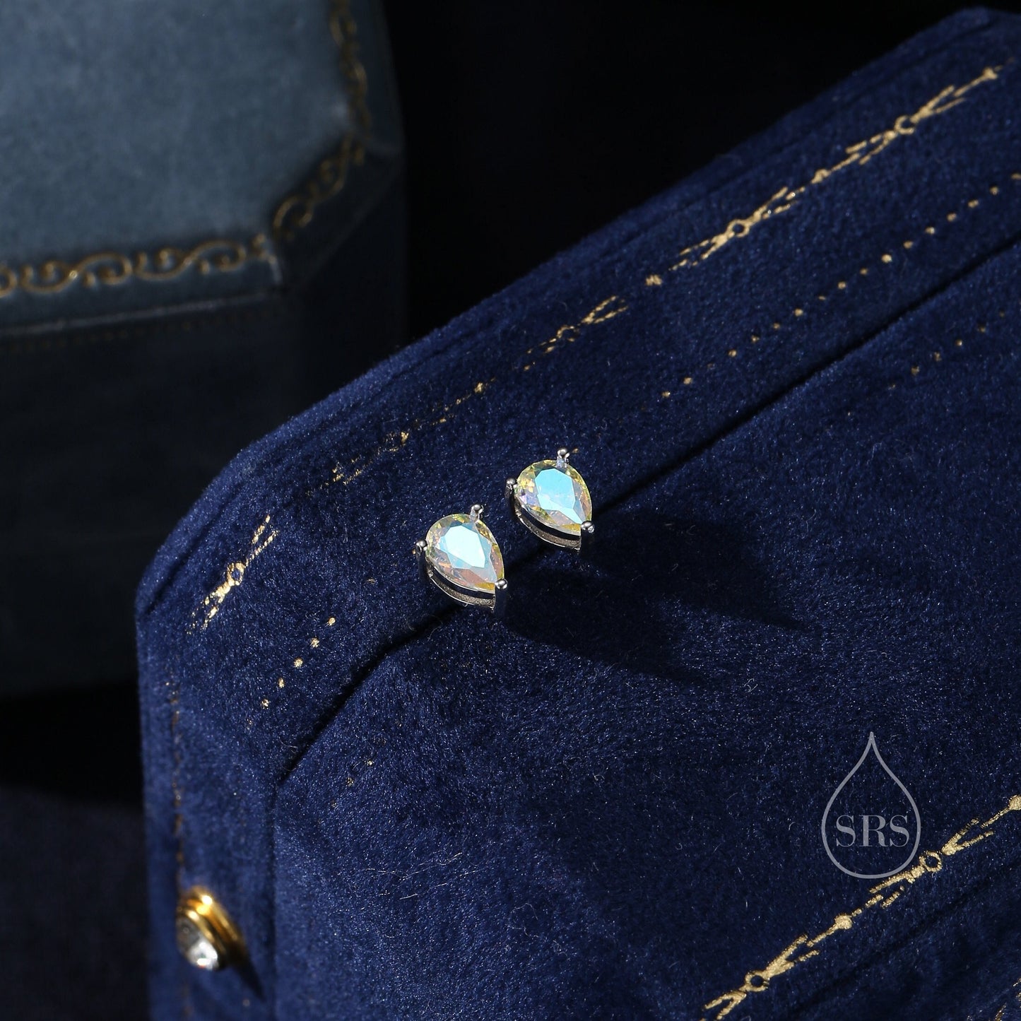 Sterling Silver Aurora AB CZ Droplet Stud Earrings, Pear Cut Aurora Colour Changing CZ Earrings