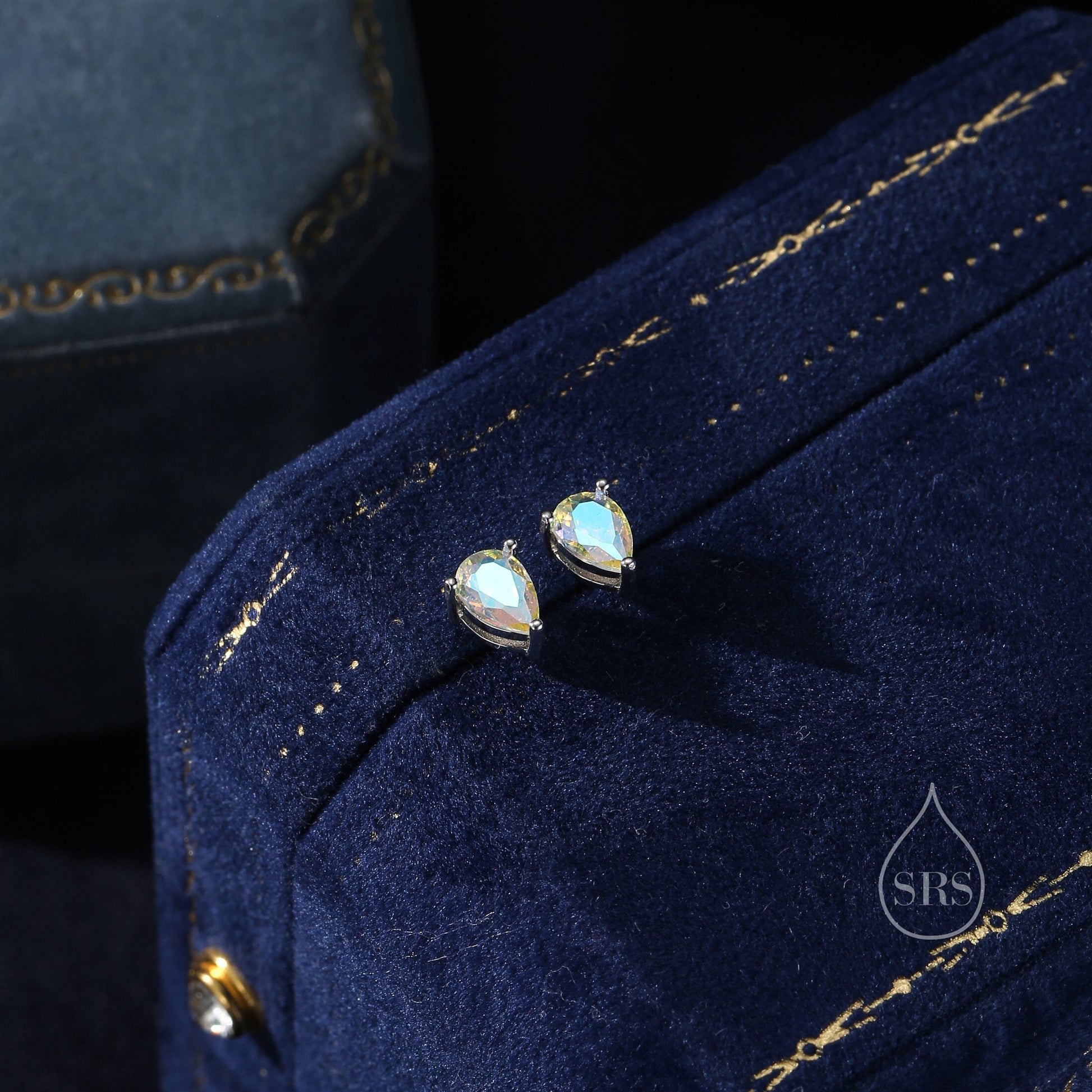 Sterling Silver Aurora AB CZ Droplet Stud Earrings, Pear Cut Aurora Colour Changing CZ Earrings