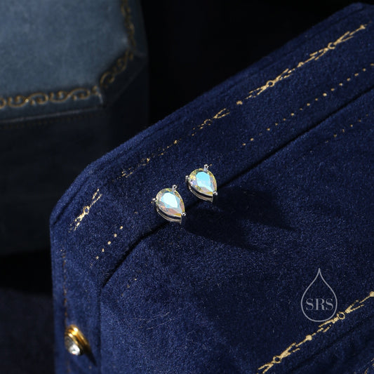 Sterling Silver Aurora AB CZ Droplet Stud Earrings, Pear Cut Aurora Colour Changing CZ Earrings