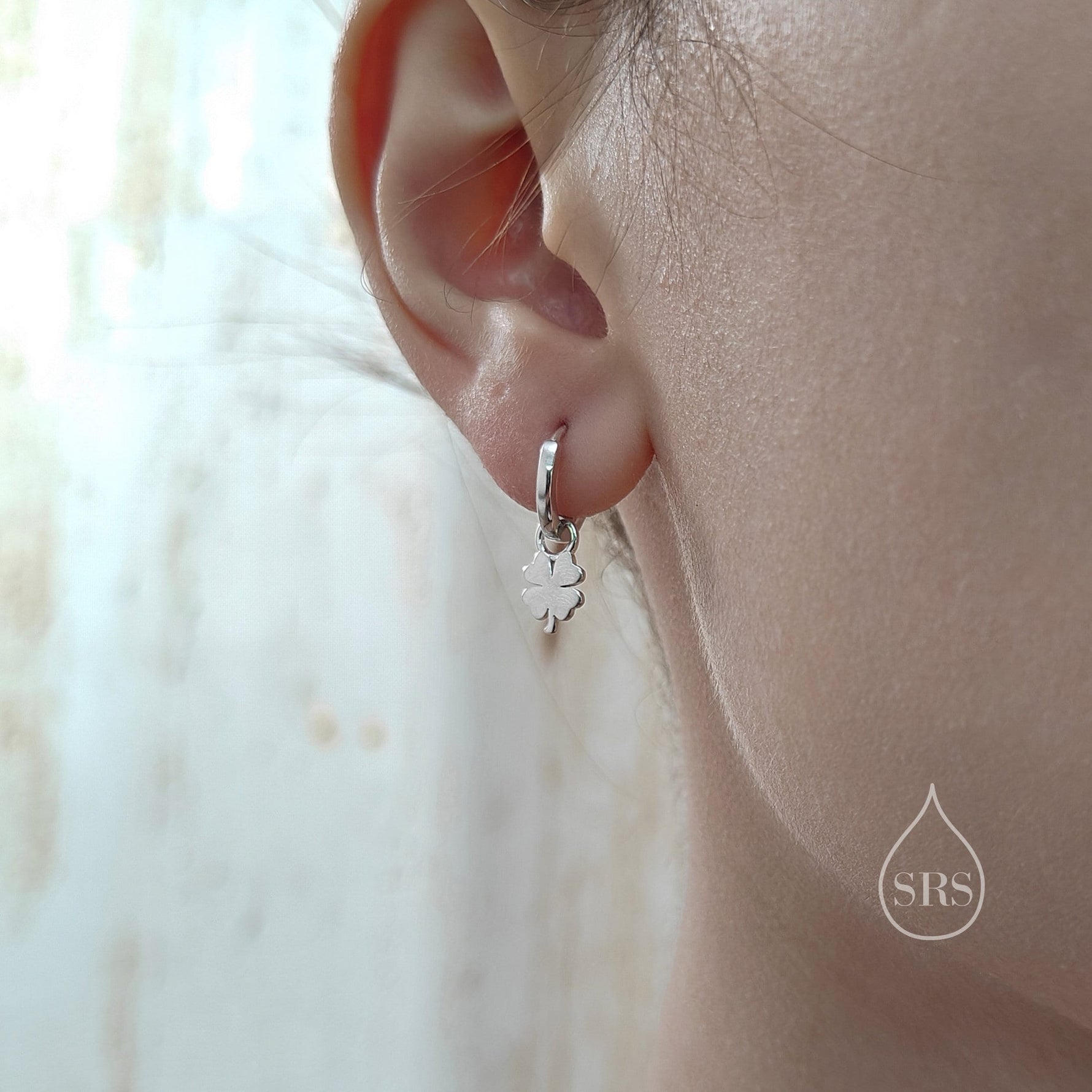Four Leaf Clover Huggie Hoop Earrings in Sterling Silver, Silver, Gold or Rose Gold, Irish Earrings, Detachable