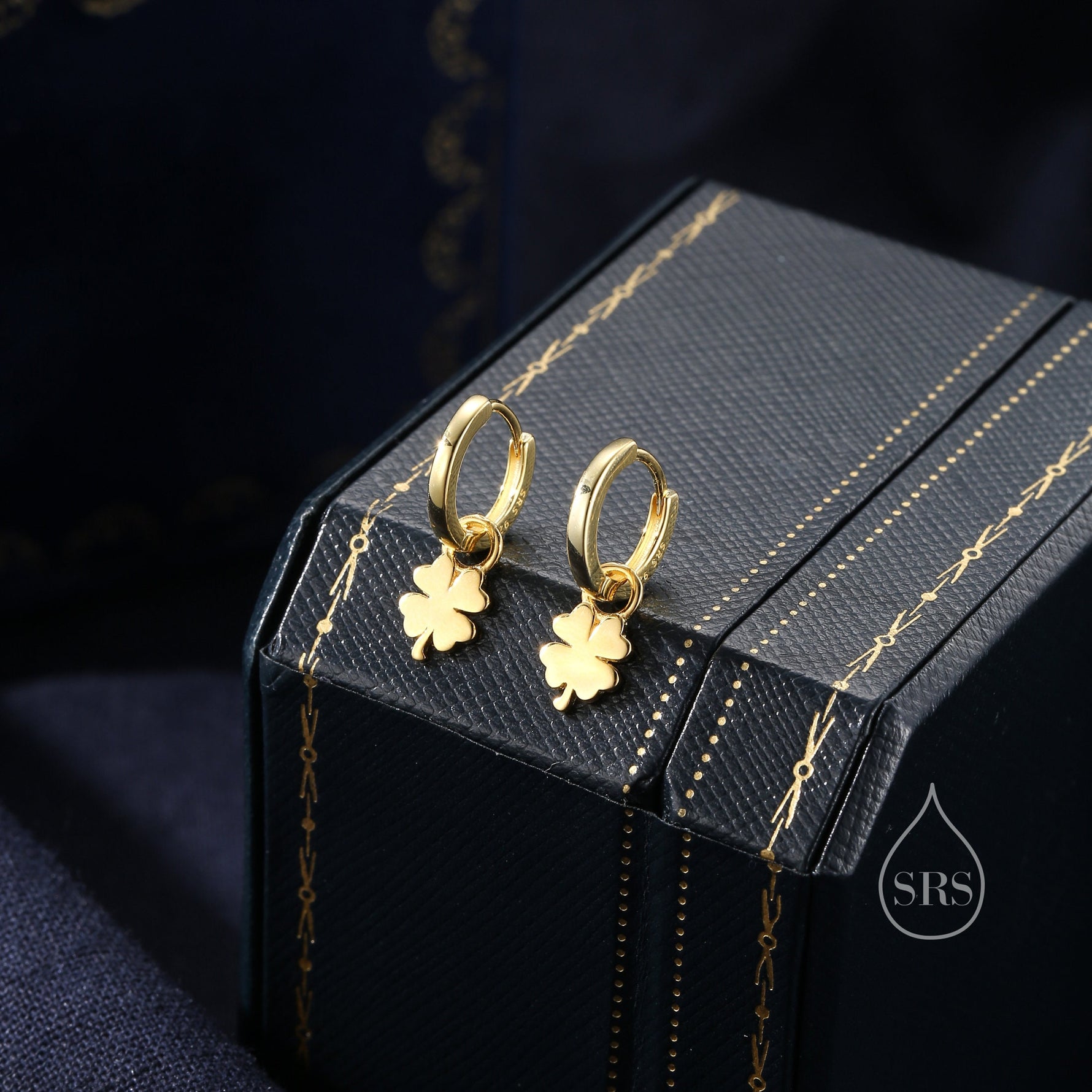 Four Leaf Clover Huggie Hoop Earrings in Sterling Silver, Silver, Gold or Rose Gold, Irish Earrings, Detachable