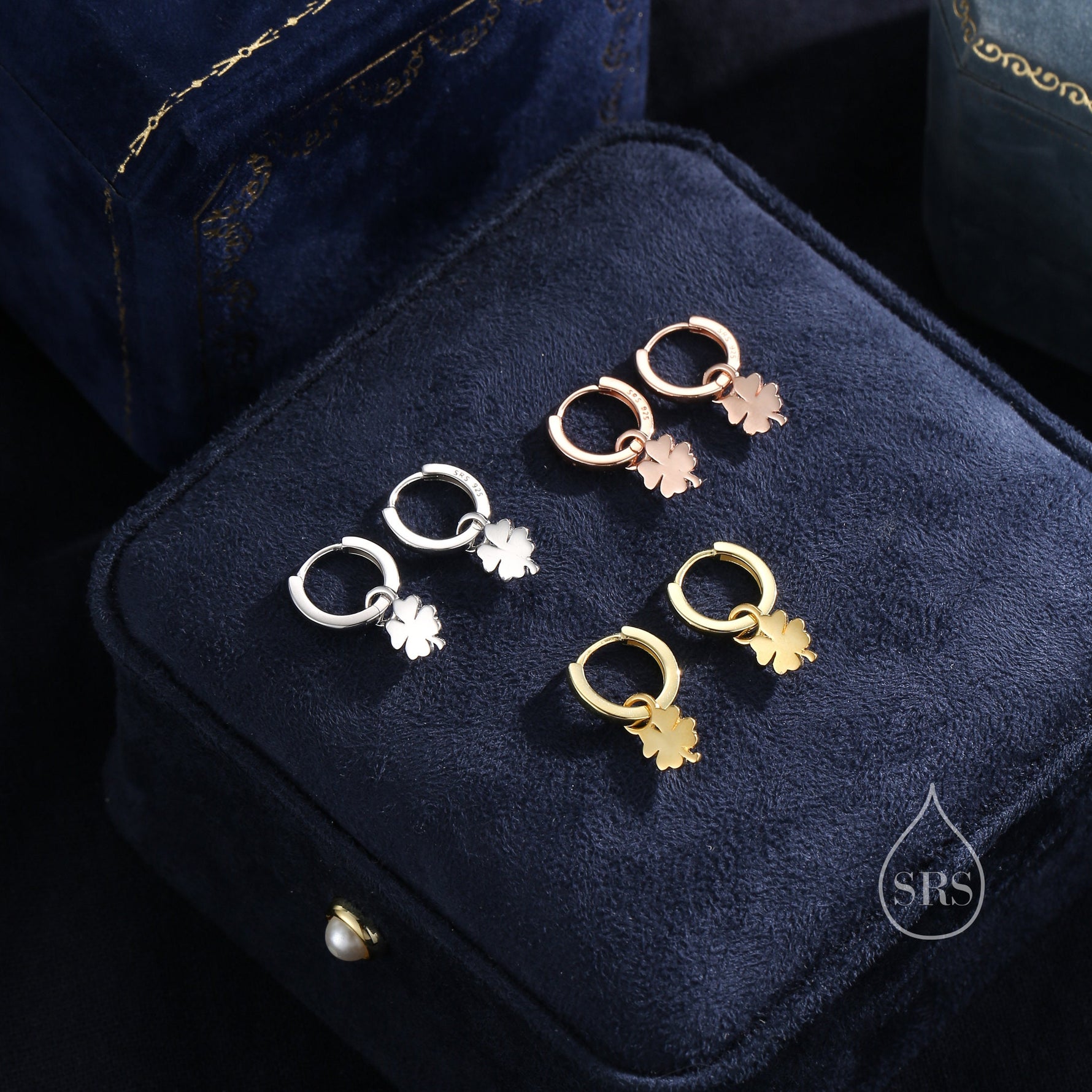 Four Leaf Clover Huggie Hoop Earrings in Sterling Silver, Silver, Gold or Rose Gold, Irish Earrings, Detachable