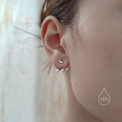 Moon and Star Ear Jacket in Sterling Silver, Three Star and Moon Earrings in Sterling Silver, Silver, Gold or Rose Gold, Front and Back