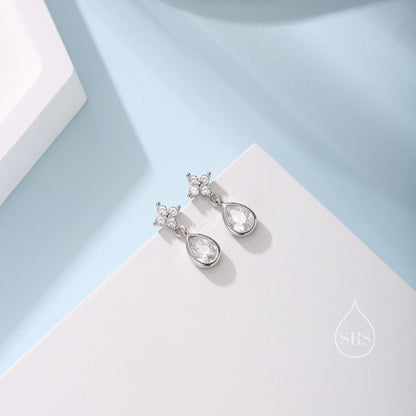 Sterling Silver Four CZ and Droplet Stud Earrings, Silver or Gold, Hydrangea CZ Earrings with Dangle Dropet