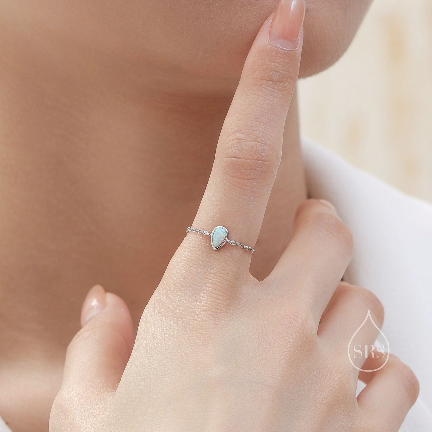 Pear Cut Blue Opal Droplet Chain Ring