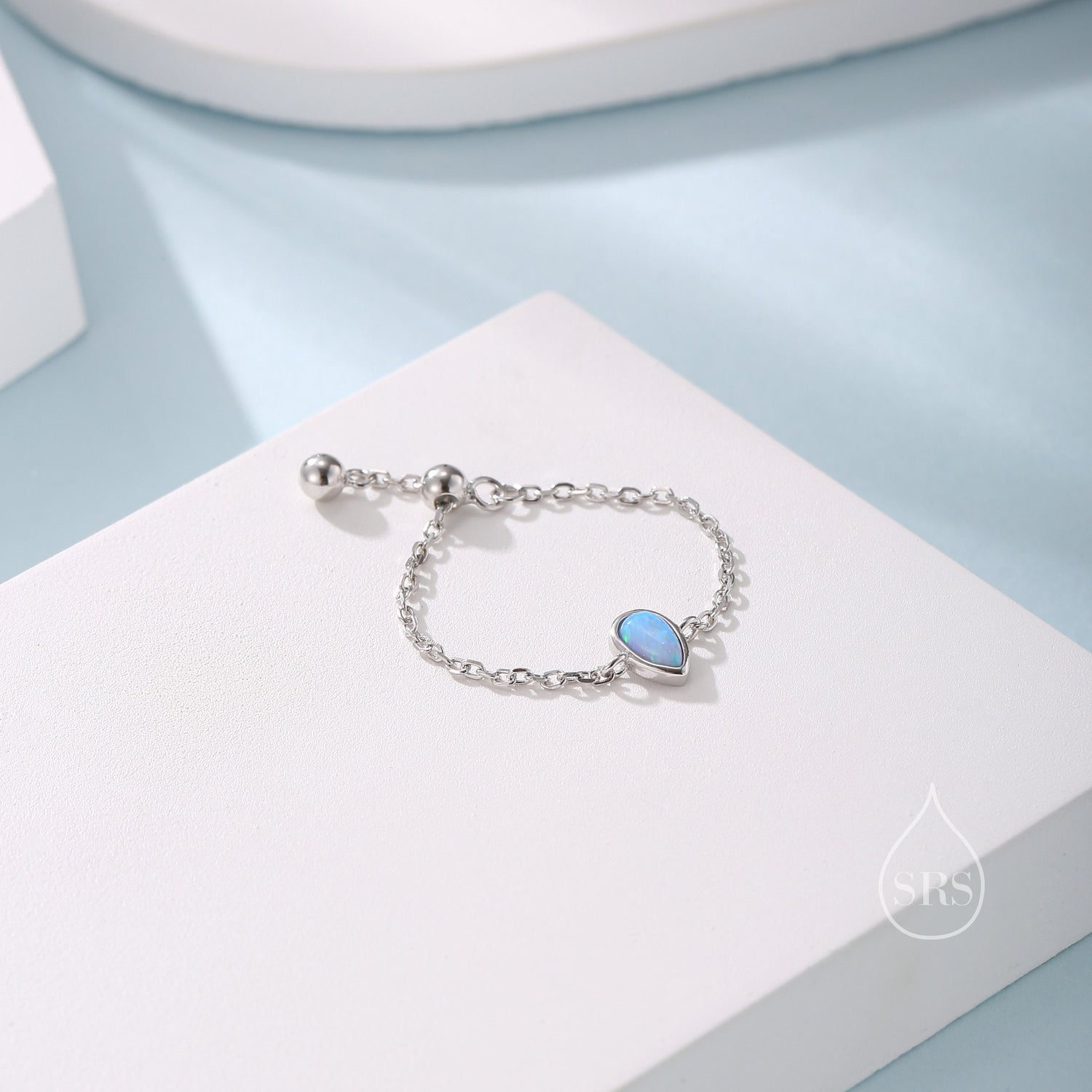 Pear Cut Blue Opal Droplet Chain Ring