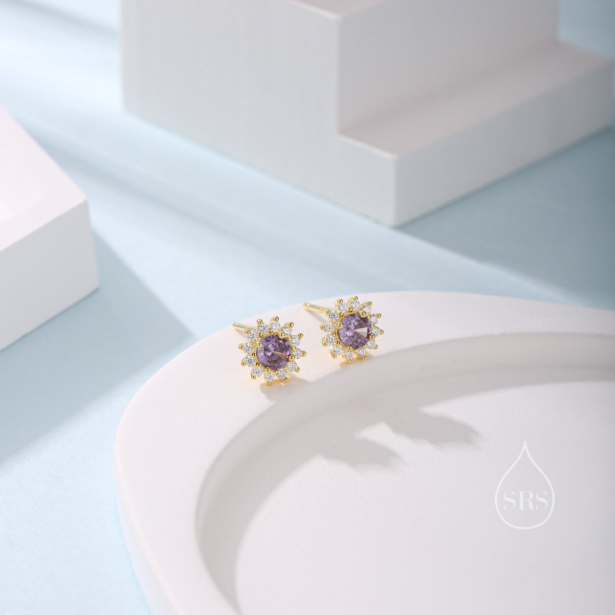 Amethyst Purple CZ Halo Stud Earrings in Sterling Silver, Silver or Gold, February Birthstone Earrings, Flower CZ Earrings