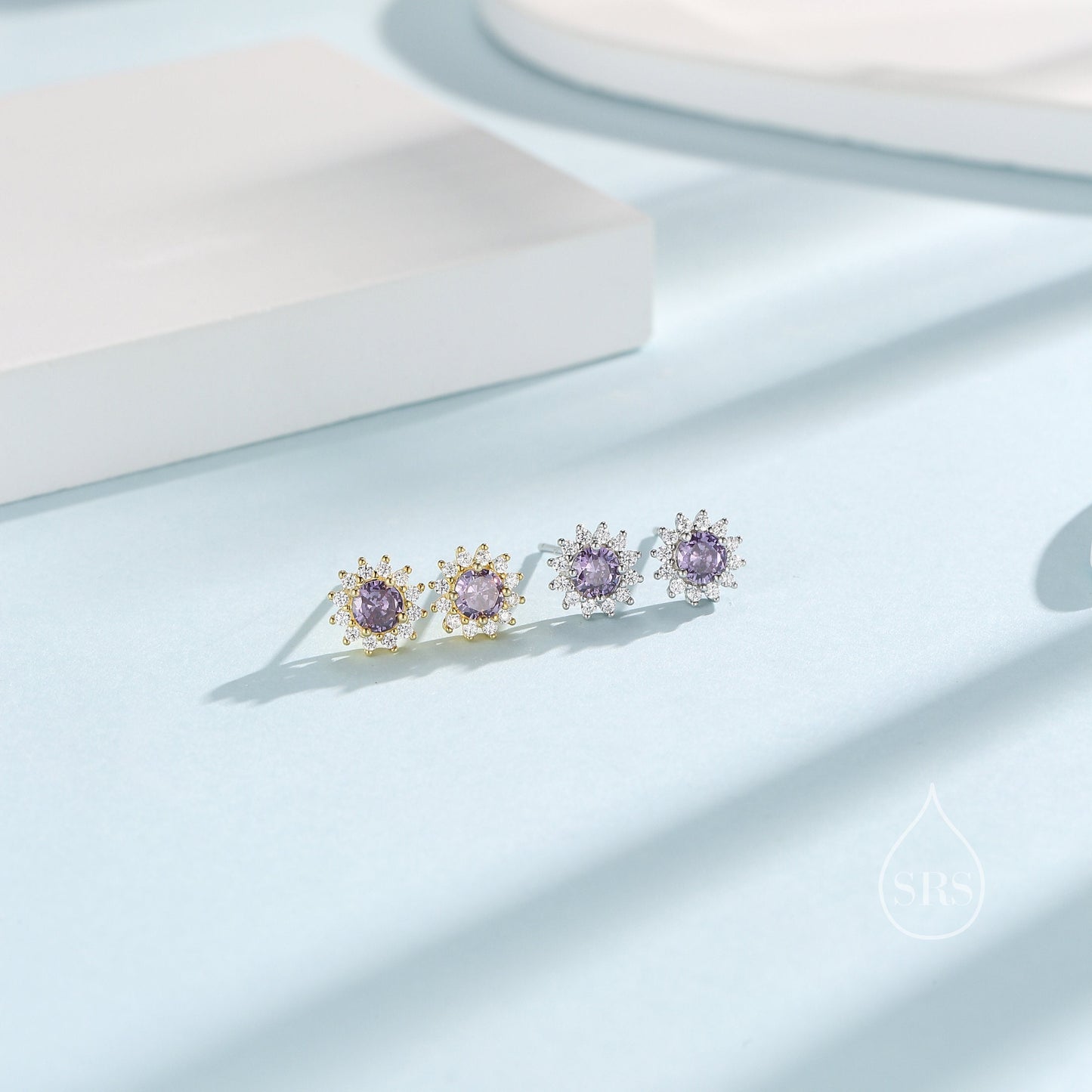 Amethyst Purple CZ Halo Stud Earrings in Sterling Silver, Silver or Gold, February Birthstone Earrings, Flower CZ Earrings